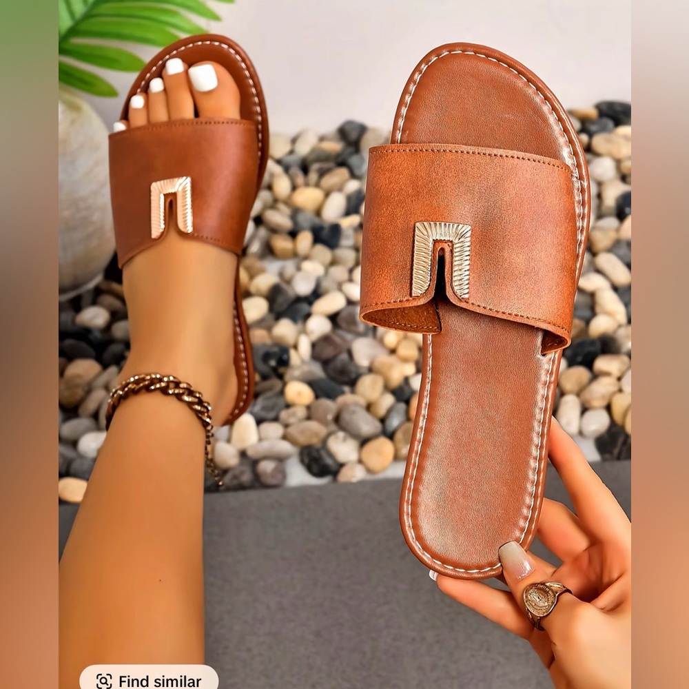 Women's Brown Slide Sandals with Gold Accent